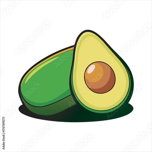 Fresh ripe avocado halves with smooth green skin and orange pit isolated on white background