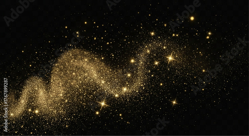 An abstract celestial composition, a galaxy of golden particles forming a dynamic, luminous trail across the frame. evoke a sense of wonder and the unknown. vector illustration