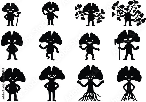 Cartoon brain characters, anthropomorphic illustration, expressive emotions, creative mental health art, vector design, fantasy concept, educational, whimsical, playful, unique, symbolic