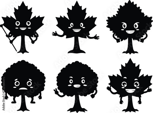 Cartoon tree characters, cute forest illustration, expressive foliage, maple and bushy leaves, kids nature art, educational, playful, emotional, smiling, waving, peace sign