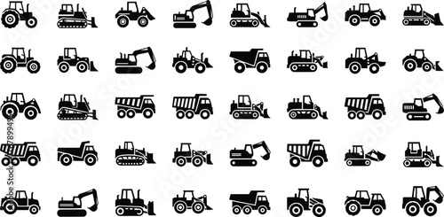 Construction and agricultural vehicle silhouettes, tractors, bulldozers, excavators, dump trucks, loaders, heavy machinery icons, industrial equipment, farming, building site