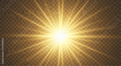 A radiant burst of golden light radiates outwards, captivating with its powerful energy and dazzling brightness, against a transparent backdrop. vector illustration