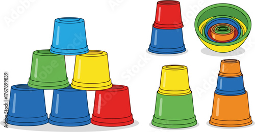 Vibrant colorful plastic stacking cups and nesting bowls, illustrating engaging developmental toys for early childhood learning and playful organization