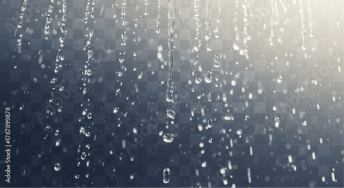 Captivating display of cascading water droplets, each glistening with a soft luminescence against a misty, ethereal backdrop. vector illustration