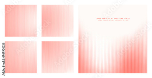 Assorted vector vertical lines light red striped halftone pattern set in square 1:1 aspect ratio including smooth blurred rounded border and various textures. Different half tone design element bundle