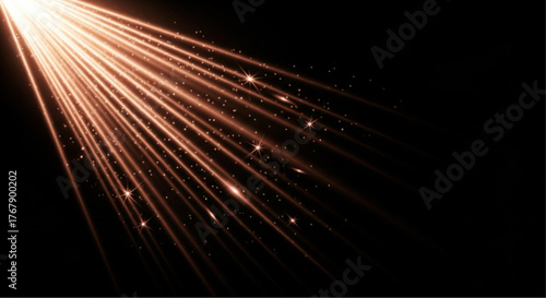 Dynamic light trails illuminate a dark background, the abstract artwork creates a sense of energy and motion. The golden rays of light shoot across the composition. vector illustration