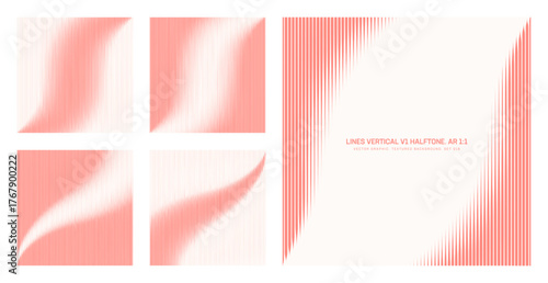 Assorted vector vertical lines light red striped halftone pattern set in square 1:1 aspect ratio including curved frame and various unique twisted textures. Different half tone design elements bundle