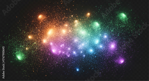 A mesmerizing array of radiant orbs explodes across the canvas, each bursting with vibrant color and light, creating a stunning display of cosmic beauty. vector illustration overlay