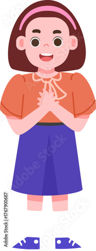 illustration of smiling girl with hands clasped