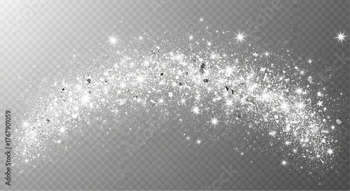 A swirling galaxy of silver, shimmering like stardust against a transparent backdrop, with a focus on its brilliant sparkle and intricate texture.  vector illustration overlay