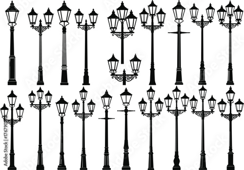 Vintage street lamp collection, ornate lantern post designs, black silhouette grid, historical lighting illustration, urban decor concept, classic vector art