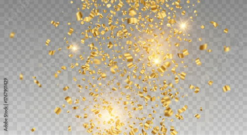 Golden confetti cascades downwards in a shower of celebration, shimmering with radiant illumination. Capturing a festive moment of joy. vector illustration overlay