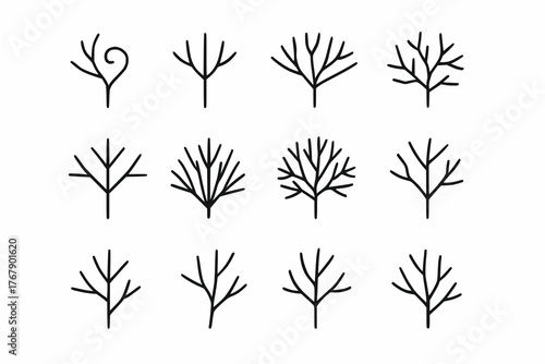 Tree diagrams showing branching progression and structural complexity in grid layout