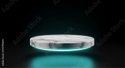 An elegant marble podium levitates against a dark background, highlighted by a modern blue glow. It serves as an ideal stage for product presentations. vector illustration overlay