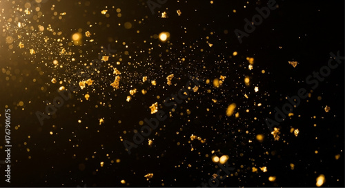 Golden specks and light sparkle and shine against a deep, dark backdrop creating a mesmerizing image. vector illustration overlay