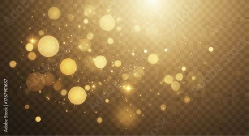 Golden lights dance in a dreamy display. Illuminating space with subtle radiance and sparkle in this beautiful bokeh effect. vector illustration overlay