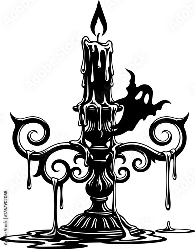Gothic Melting Candle with Ornate Holder – Dark Dripping Wax Illustration