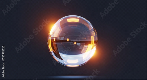 A glowing, transparent sphere floating in the darkness, illuminated with internal light, evoking ideas of innovation, futuristic technology, and abstract design.  vector illustration overlay