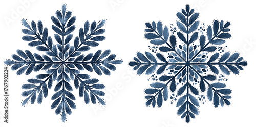 Blue tattoo-style snowflakes with dotwork and mandala design