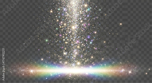 Sparkling particles cascade downward, creating a mesmerizing display of light and color, reminiscent of a dreamy, celestial scene with iridescent hues. vector illustration overlay