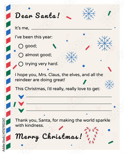 Retro Christmas letter to Santa Claus. Kids’ postcard with a wishlist. Vector template in vintage style with decorative elements - snowflakes, candy canes, hearts, confetti