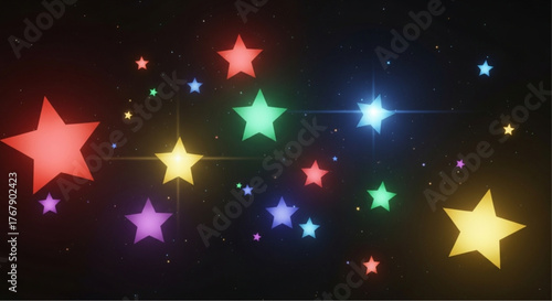 A galaxy of radiant, multi-colored stars sparkle against a deep, dark expanse, each twinkling with its own unique glow in a vivid display of cosmic beauty. vector illustration overlay
