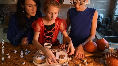 Joyful family in spooky Halloween attire getting ready for a celebration in the kitchen, where a mother and her kids are adding creepy designs and eyeball decorations to donuts for a gathering