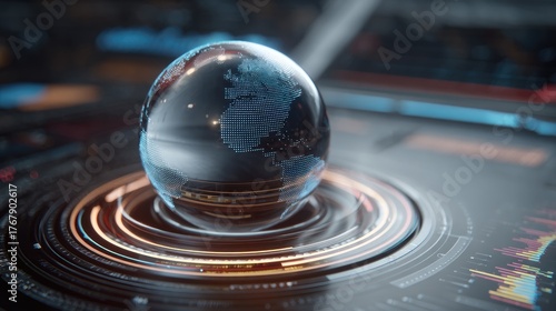 Fototapeta Naklejka Na Ścianę i Meble -  Futuristic Digital Globe Representation with Data Visualizations in a High-Tech Environment for Science, Technology, and Innovation Themes