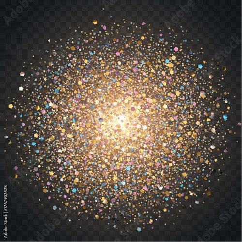 An eye-catching image features a cluster of radiant light particles with a vibrant glow, suspended against a dark background. vector illustration overlay