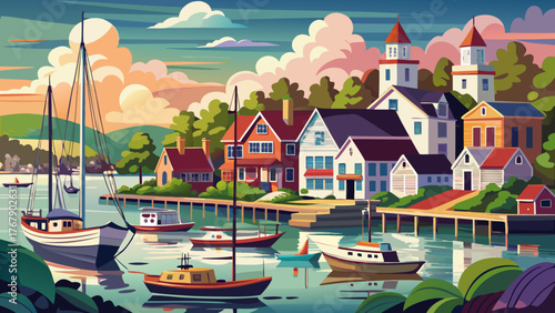 Very beautiful, Port of Mystic with boats on a cloudy summer day, Connecticut, showcasing calm harbor waters, docked sailboats, charming waterfront, and serene coastal scenery under soft overcast 