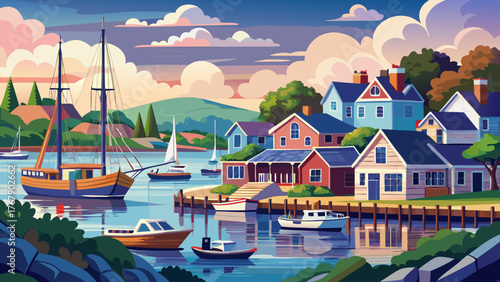 Very beautiful, Port of Mystic with boats on a cloudy summer day, Connecticut, showcasing calm harbor waters, docked sailboats, charming waterfront, and serene coastal scenery under soft overcast skie