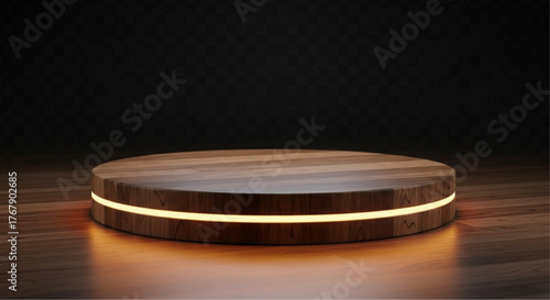 An elegant wooden podium with a soft inner glow, designed for product display. A spotlight on simplicity and sophistication.  vector illustration overlay