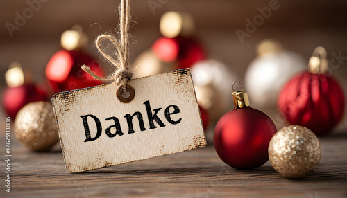 Hanging paper tag with german word thank you on christmas