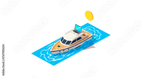 Isometric view of a luxury yacht with a laptop on the sea, remote work concept