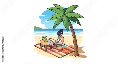 Remote Work on the Beach Generated with AI, Vector illustration of a digital nomad