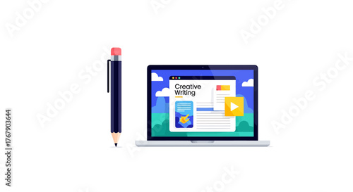 Online creative writing course on a laptop with a pencil, Generated with AI, Vector illustration