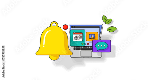 Generated with AI Vector Illustration Notification Bell, Laptop with Calendar, and Chat Bubble Icon