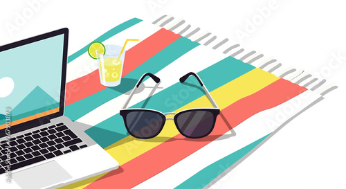 Generated with AI, Vector illustration of sunglasses and laptop on a striped towel with a drink