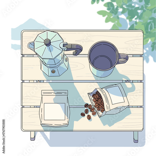 Enjoying an outdoor morning coffee ritual with fresh beans and moka pot, Generated with AI, Vector illustration