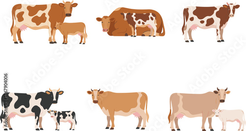 Cow and calf vector illustration, six cartoon pairs in diverse poses and colors, white background for agriculture, education, and livestock design