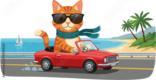 A stylish orange cat in cool sunglasses and a blue scarf joyfully drives a vibrant red convertible on a scenic coastal road, enjoying a sunny day by the beach