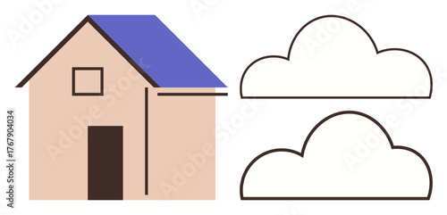 Beige house with a blue roof, door, and window next to two simple cloud outlines. Ideal for real estate, weather, construction, housing, education childrens media and environmental awareness. A