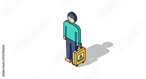 Isometric traveler with suitcase waiting, a minimalist design concept. Generated with AI, Vector illustration