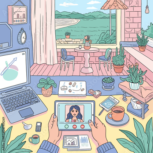 Vector illustration of a remote work setup with a video call from a scenic balcony. Generated with AI