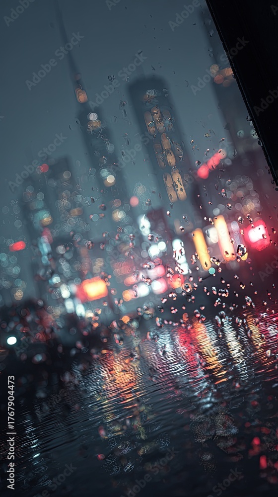 Obraz premium Rainy Night Cityscape View Through Wet Window