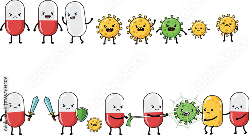 Medicine capsule vector illustration, cartoon pills fighting viruses with swords, shields, and expressions, white background for healthcare, education, and design