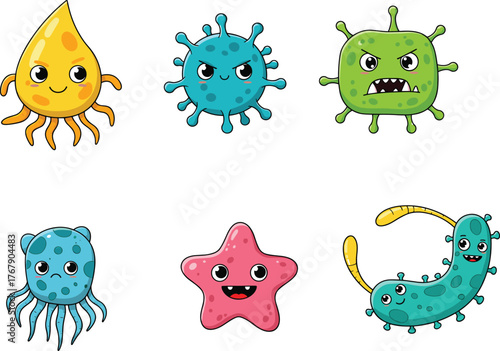 Cartoon microbe vector illustration, six colorful germs with facial expressions and unique shapes, white background for educational, medical, and design use