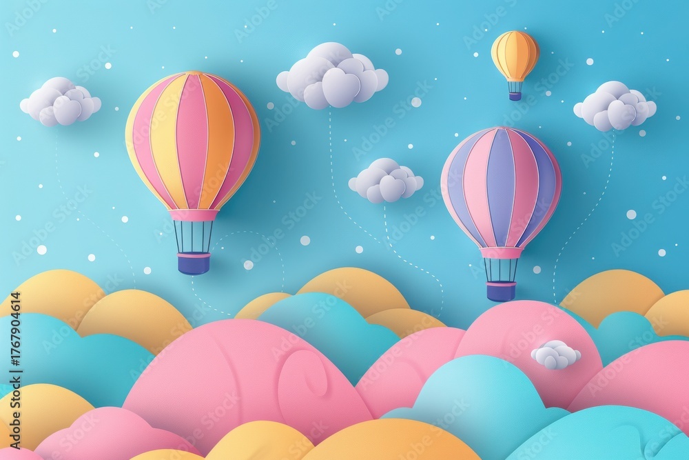 Fototapeta premium Colorful hot air balloons float above pastel clouds and hills in a whimsical sky scene.