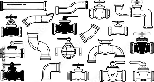 Black and white plumbing pipes and valve collection representing water system elements
