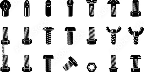 Collection of Black Silhouettes of Various Screws and Bolts
